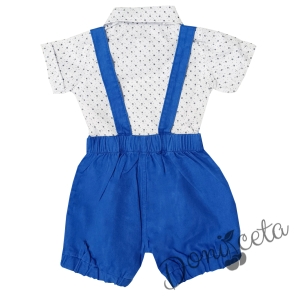 Бебешки комплект от боди-риза в бяло с орнаменти, гащеризон и папийонка в синьо 2
