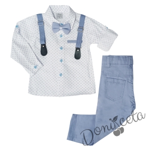 Комплект за момче от риза в бяло с дълъг ръкав и орнаменти, папионка с тиранти и панталони в светлосиньо
