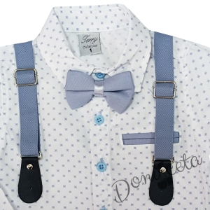 Комплект за момче от риза в бяло с дълъг ръкав и орнаменти, папионка с тиранти и панталони в светлосиньо 2