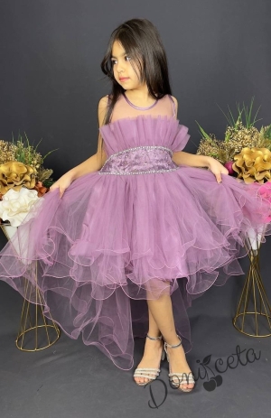 Официална детска къса рокля Анджелина в лилаво с тюл без ръкав с шлейф