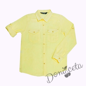 Детска риза за момче с дълъг ръкав и две джобчета отпред в жълто  1