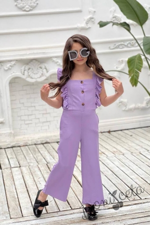 Летен детски дълъг гащеризон за момиче в лилаво с къдрички 