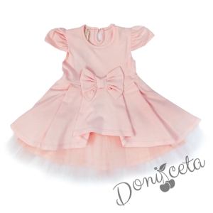 Официална или ежедневна детска рокля Надежда в прасковено с къс ръкав панделка и тюл 435578