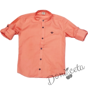 Комплект от риза в оранжево с емблема и къси дънки в синьо 2