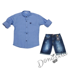 Set of shirt in light blue with emblem and short jeans in blue