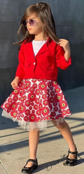 Детски комплект от 3 части от пола и късо сако с джобчета в червено и бяла блузка с къс ръкав 44516362 2