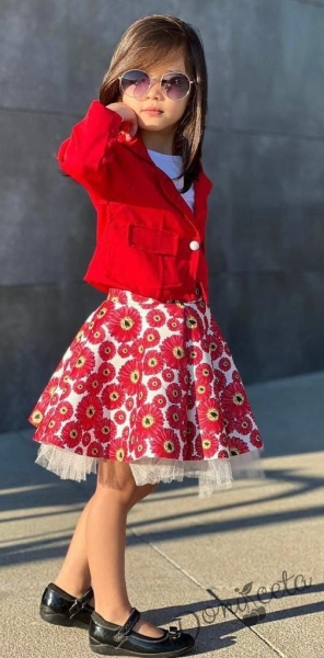 Детски комплект от 3 части от пола и късо сако с джобчета в червено и бяла блузка с къс ръкав 44516362 3