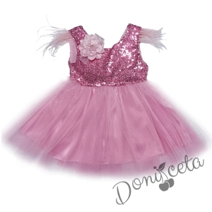 Детска официална рокля Даймънд в розово с пайети и тюл и щипка за коса цвете 3561741