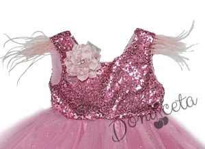 Детска официална рокля Даймънд в розово с пайети и тюл и щипка за коса цвете 3561741 2