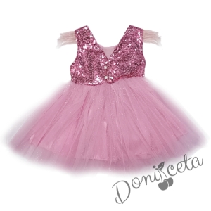Детска официална рокля Даймънд в розово с пайети и тюл и щипка за коса цвете 3561741 3
