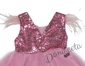 Детска официална рокля Даймънд в розово с пайети и тюл и щипка за коса цвете 3561741 4