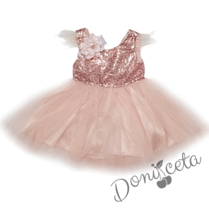 Детска официална рокля Даймънд в прасковено с пайети и тюл и щипка за коса цвете 3568524 1