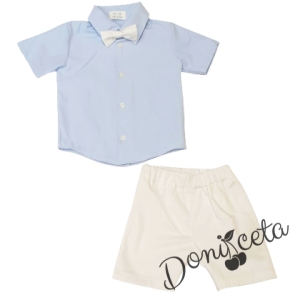 Детски комплект от риза в светлосиньо и къси панталонки и папийонка в бяло 