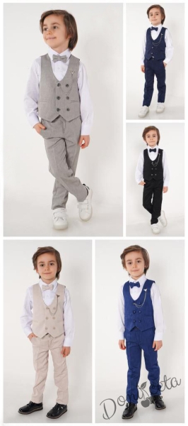 Официален костюм за момче от 4 части елек , риза в бяло, панталон и папийонка в черно и брожка-верижка 2