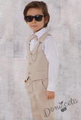 Официален комплект за момче от 4 части елек , риза в бяло, панталон и папийонка в светлобежово и брожка-верижка 33133456 