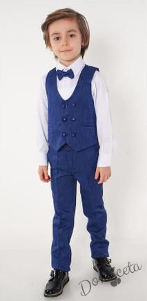 Официален комплект за момче от 4 части елек , риза в бяло, панталон и папийонка в синьо
