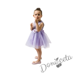 Детска официална рокля в лилаво с блясък и пола от тюл с цвете 1