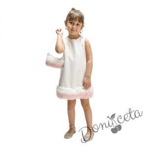 Официална детска рокля без ръкав с къдрички и чанта с къдрички в бяло и розово