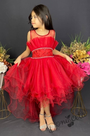 Официална детска къса рокля Анджелина в червено с тюл без ръкав с шлейф