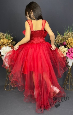 Официална детска къса рокля Анджелина в червено с тюл без ръкав  2