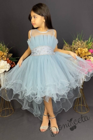 Официална детска къса рокля Анджелина в светлосиньо с тюл без ръкав  1