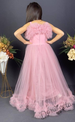 Официална детска дълга рокля Аделина в розово с тюл без ръкав и харбала в долната част 3