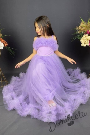 Официална детска дълга рокля Аделина в лилаво с тюл без ръкав и харбала в долната част 1