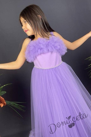 Официална детска дълга рокля Аделина в лилаво с тюл без ръкав и харбала в долната част 2