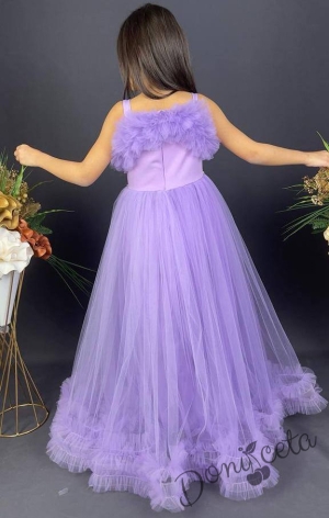 Официална детска дълга рокля Аделина в лилаво с тюл без ръкав и харбала в долната част 3