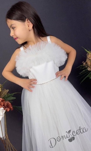 Официална детска дълга рокля Аделина в бяло с тюл без ръкав и харбала в долната част 2