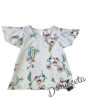 Летен комплект за момиче от блуза с къс ръкав -крилце в бяло на цветя и къси панталони от лен с коланче в тюркоаз/мента 2