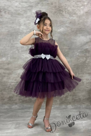 Официална детска рокля без ръкав Фрея - с богат тюл в тъмнолилаво и панделка за коса 2