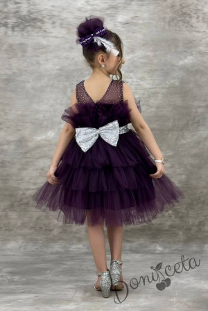Официална детска рокля без ръкав Фрея - с богат тюл в тъмнолилаво и панделка за коса 3
