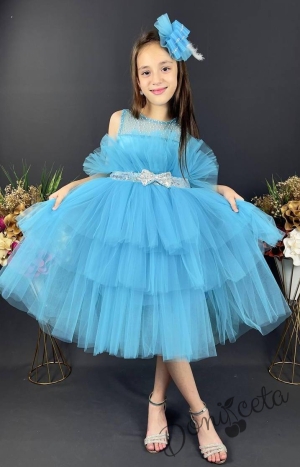 Официална детска рокля Фрея - без ръкав с богат тюл в синьо и панделка за коса 1