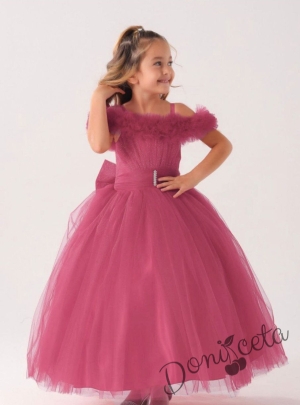 Официална дълга детска рокля в пепел от розово без ръкав от тюл с блясък с обръч Андреа 1