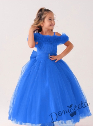Официална дълга детска рокля в синьо без ръкав от тюл с блясък с обръч Андреа 1
