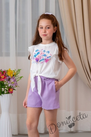 Летен детски комплект за момиче от туника с цветя и къс ръкав и къси панталони Contrast в лилаво с емблема