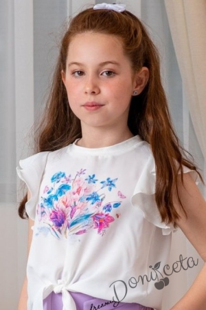 Летен детски комплект за момиче от туника с цветя и къс ръкав и къси панталони Contrast в лилаво с емблема 2