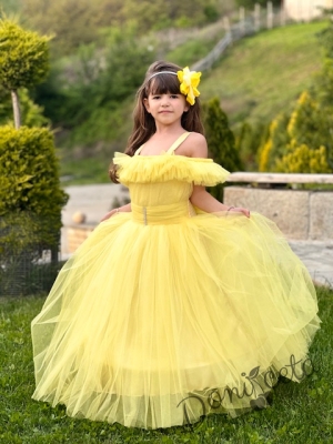 Официална дълга детска рокля Андреа в жълто без ръкав от тюл с обръч 