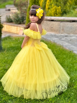 Официална дълга детска рокля Андреа в жълто без ръкав от тюл с обръч 1