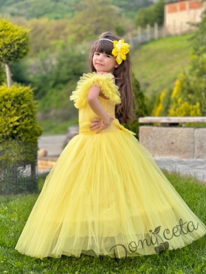 Официална дълга детска рокля Андреа в жълто без ръкав от тюл с обръч 3