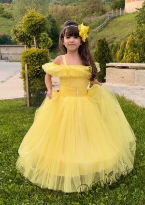 Официална дълга детска рокля Андреа в жълто без ръкав от тюл с обръч 4