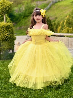 Официална дълга детска рокля Андреа в жълто без ръкав от тюл с обръч 5
