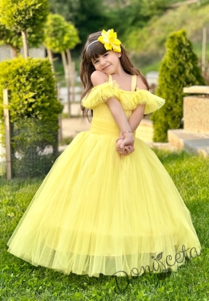 Официална дълга детска рокля Андреа в жълто без ръкав от тюл с обръч 7