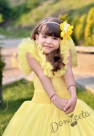 Официална дълга детска рокля Андреа в жълто без ръкав от тюл с обръч 8