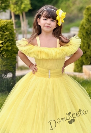 Официална дълга детска рокля Андреа в жълто без ръкав от тюл с обръч 9