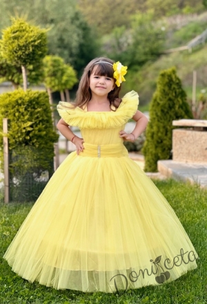 Официална дълга детска рокля Андреа в жълто без ръкав от тюл с обръч 10