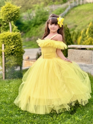 Официална дълга детска рокля Андреа в жълто без ръкав от тюл с обръч 11