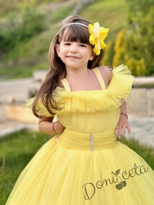Официална дълга детска рокля Андреа в жълто без ръкав от тюл с обръч 12