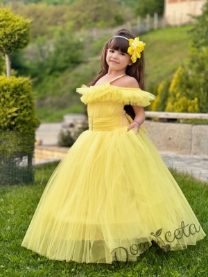 Официална дълга детска рокля Андреа в жълто без ръкав от тюл с обръч 13